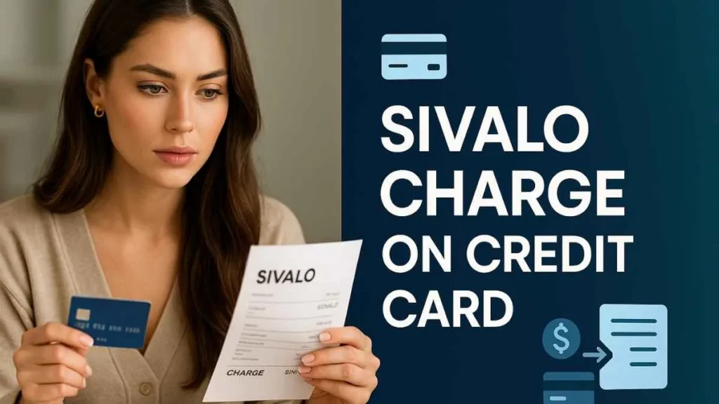 Concerned woman reviewing a credit card statement showing an unfamiliar Sivalo charge, split-screen with fintech graphics and bold text “Sivalo Charge on Credit Card.”