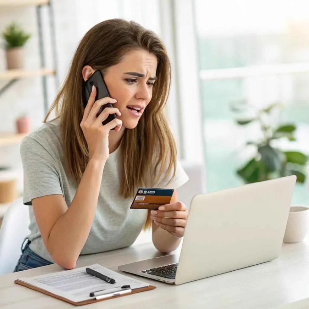 Woman calling her bank about an unauthorized Zoom.us charge on her credit card
