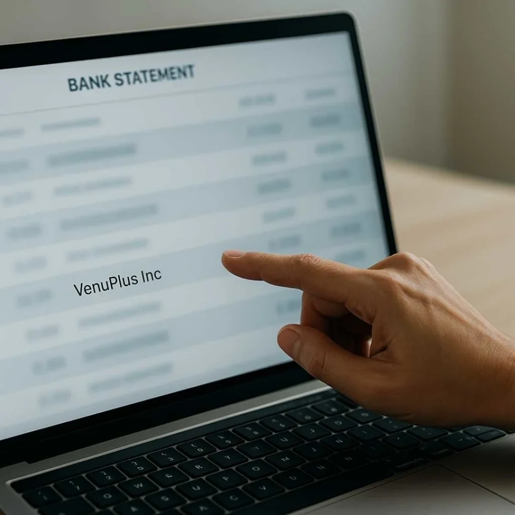 Close-up laptop screen showing a blurred online bank statement with a highlighted VenuPlus Inc charge