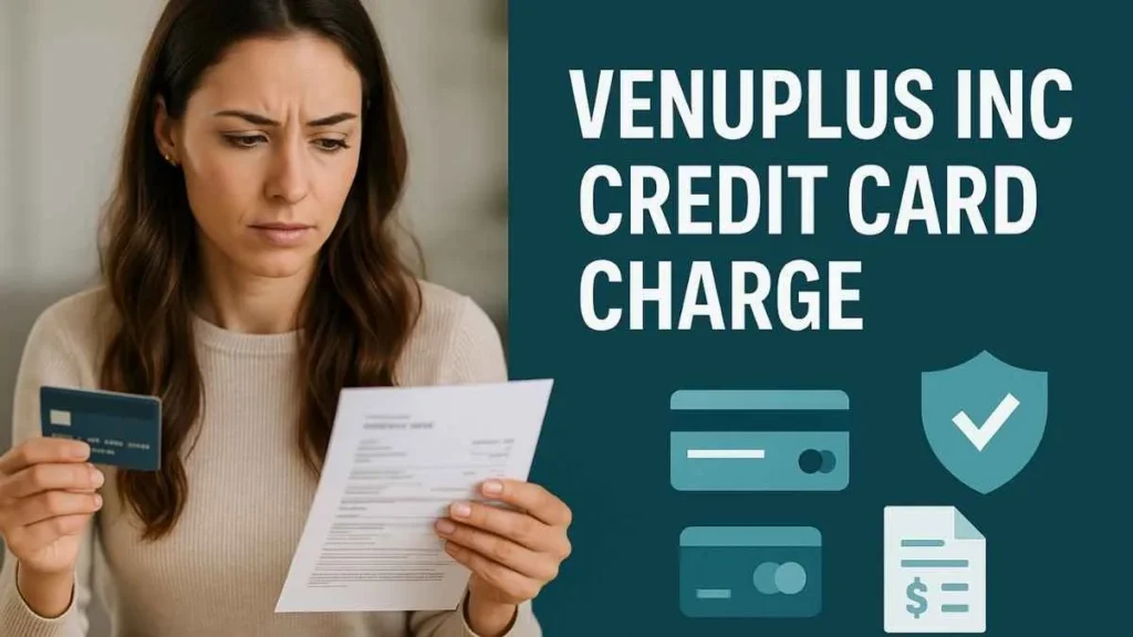American woman reviewing her bank statement after noticing an unfamiliar VenuPlus Inc credit card charge, split-screen fintech graphic layout