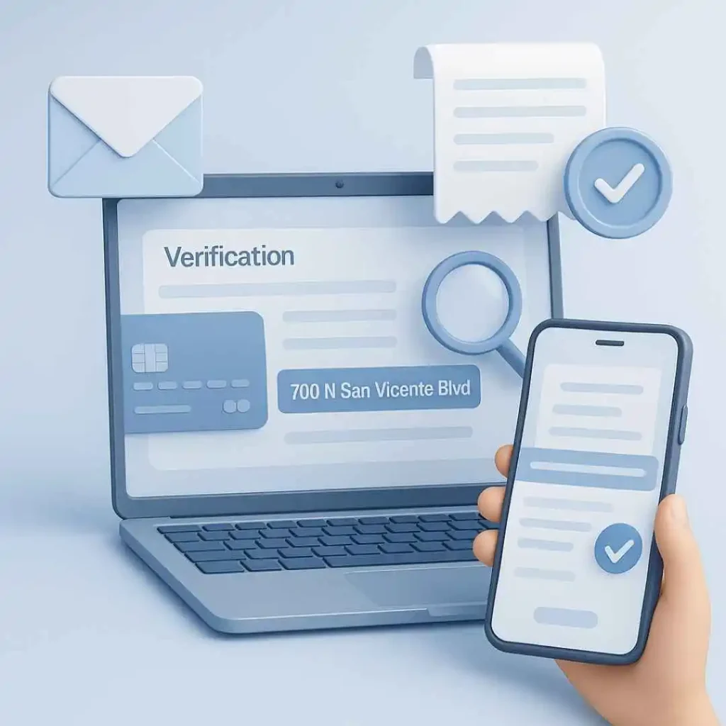 User verifying a 700 N San Vicente Blvd credit card charge on phone and laptop