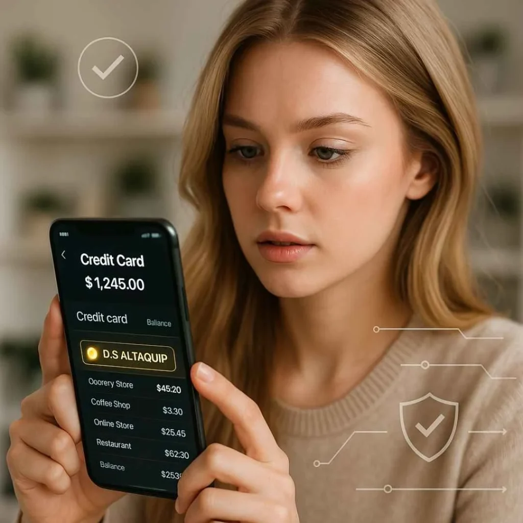 American woman checking a highlighted Altaquip charge on her smartphone during verification steps.