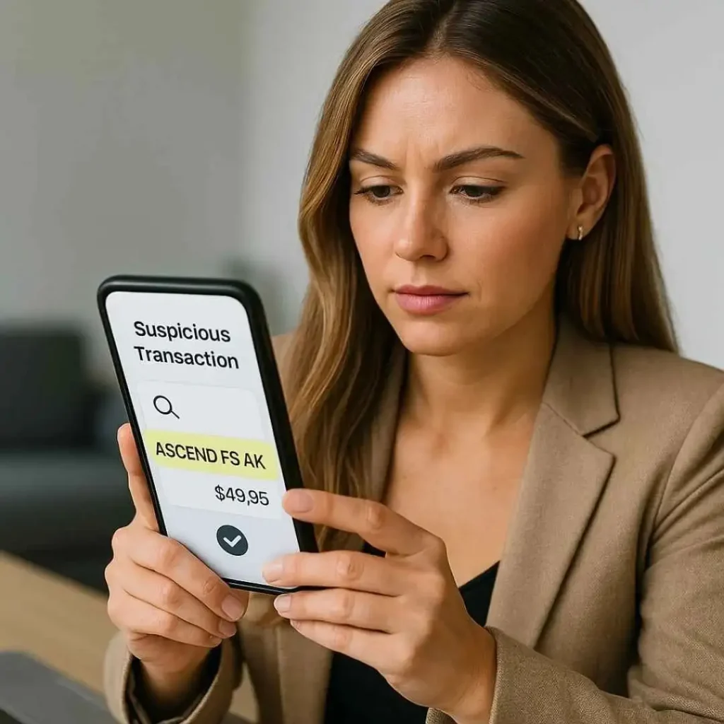 American woman calling her bank to dispute an unauthorized ASCEND FS AK charge