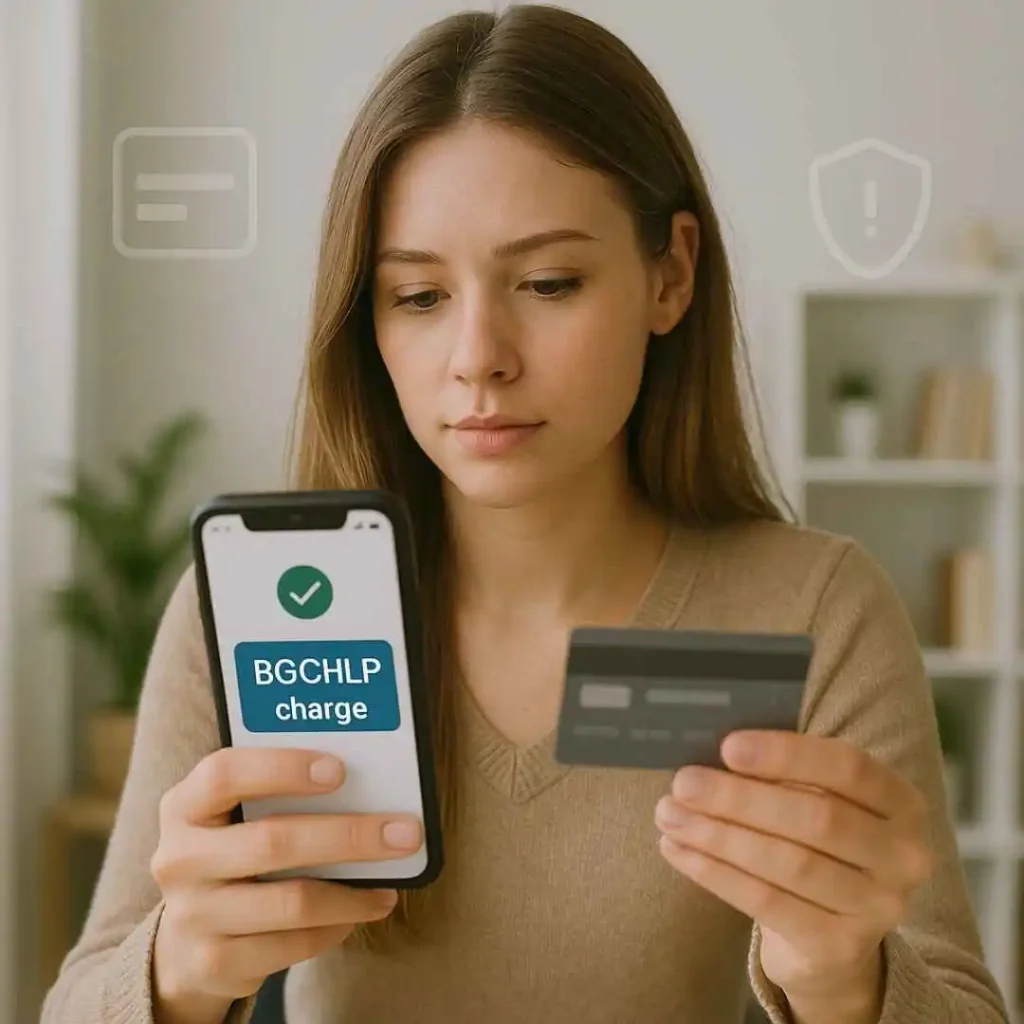 Woman checking a BGCHLP charge on her smartphone and verifying it with her credit card