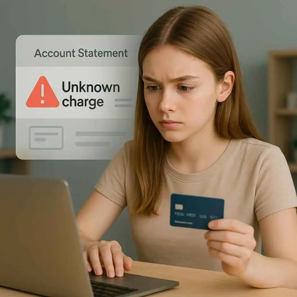 Young American woman verifying an unknown Cartana LLC credit card charge on her laptop