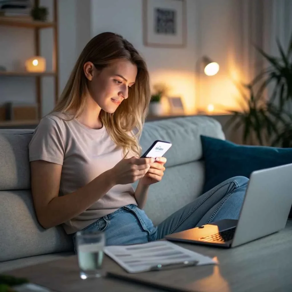 Woman reviewing her credit card transactions on a smartphone to verify a “.C Reynoldsburg OH” $1 charge.