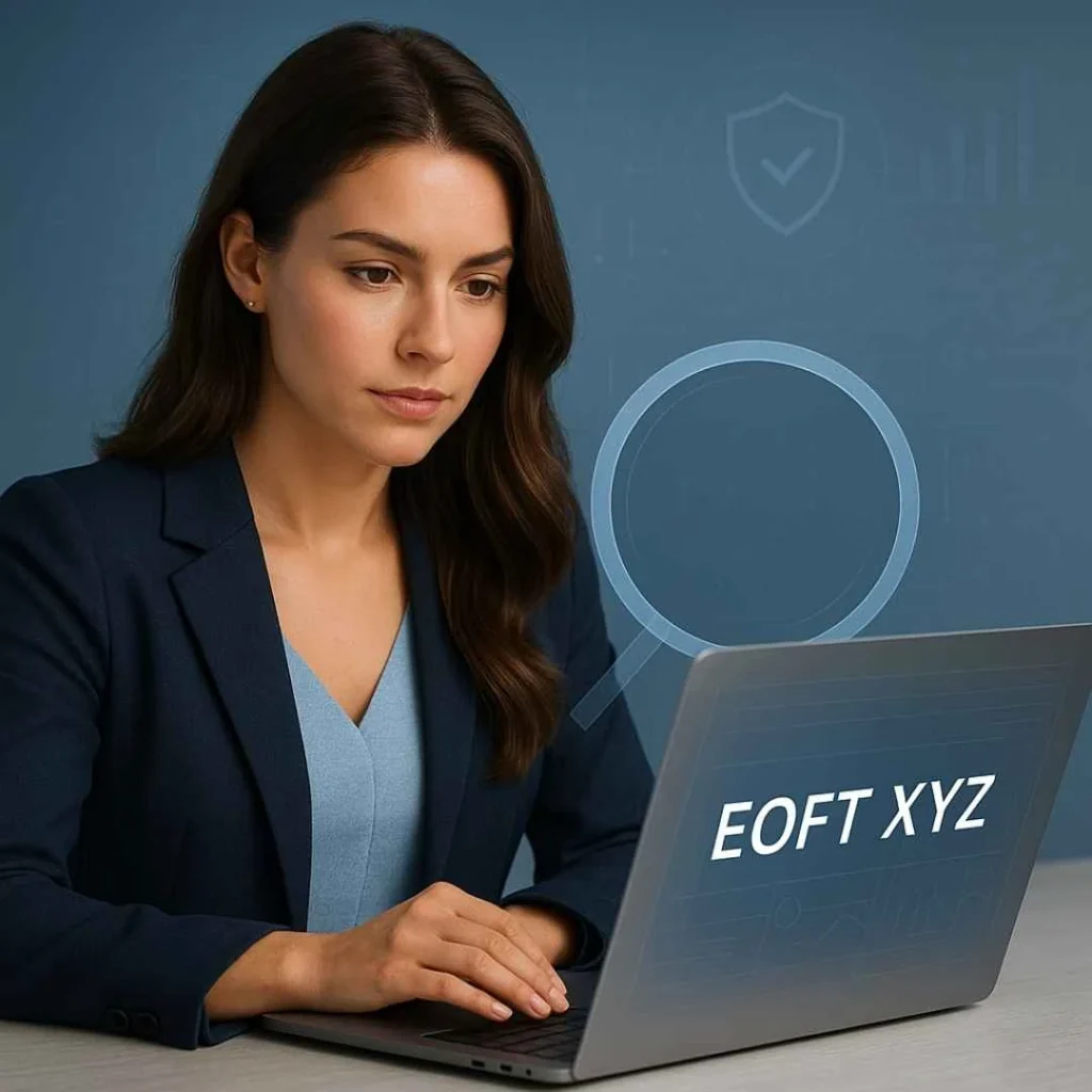 Young woman checking the EOFT XYZ transaction on her laptop during verification