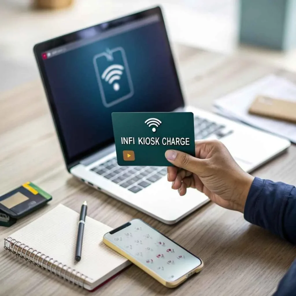 Person verifying Infi Kiosk charge on credit card statement using laptop and smartphone, emphasizing transaction checking and fraud prevention.