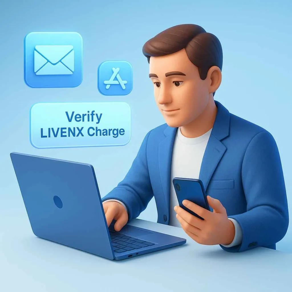 User verifying LIVENX charge through laptop, phone, and receipts