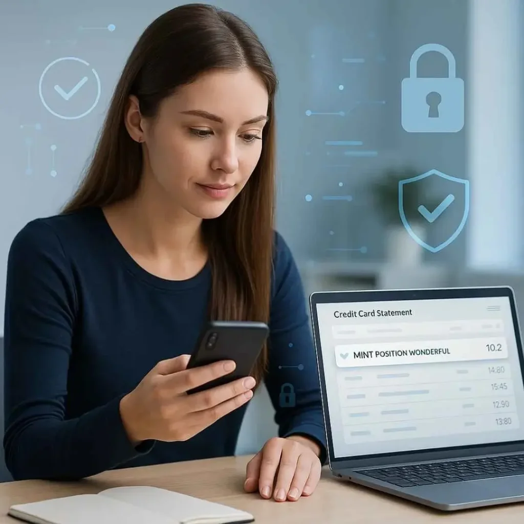 Woman verifying Mint Position Wonderful credit card charge on phone and laptop with security icons