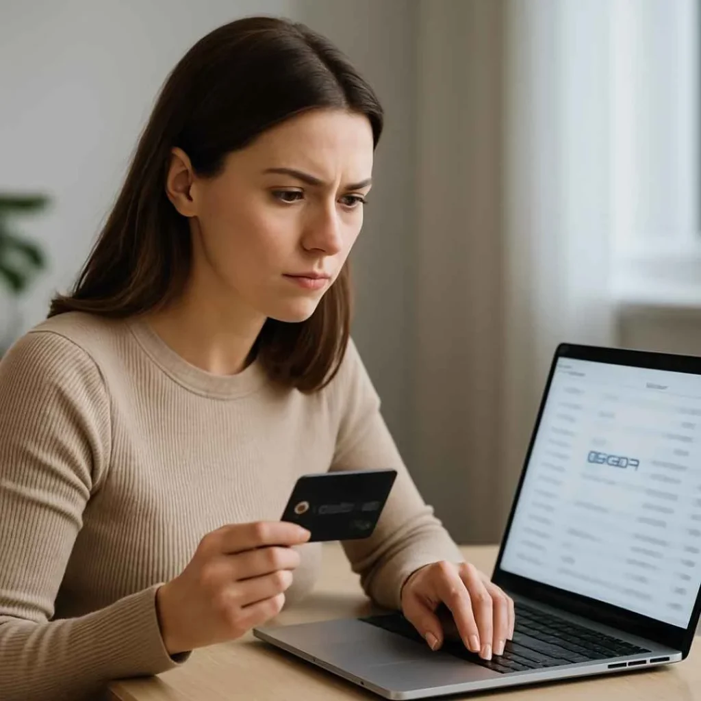 Woman checking a NexxMed charge on her laptop bank statement while holding her credit card to verify the transaction.