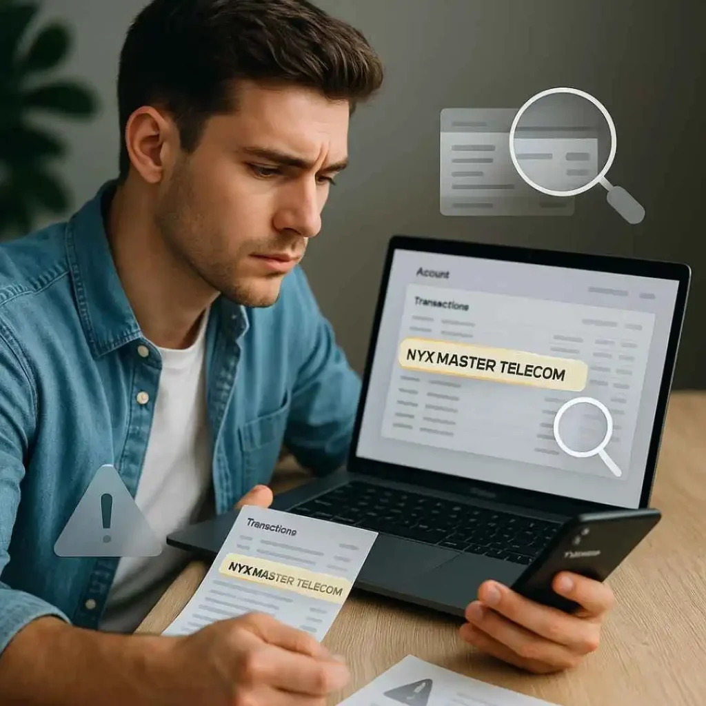 Man reviewing an unfamiliar NYX Master Telecom charge on a laptop and smartphone, verifying credit card transaction details.