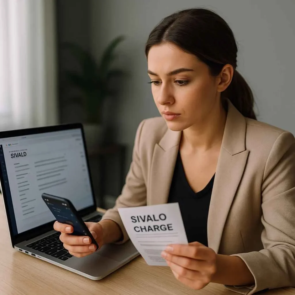 Woman checking email and bank app to verify an unfamiliar Sivalo charge on her credit card.