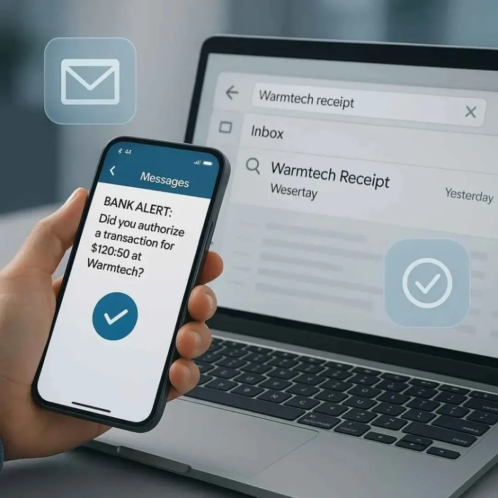 User verifying Warmtech charge through email receipts and SMS banking alerts.
