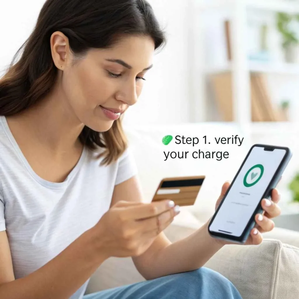 Woman verifying suspicious Zlatarna Krizek charge on smartphone banking app