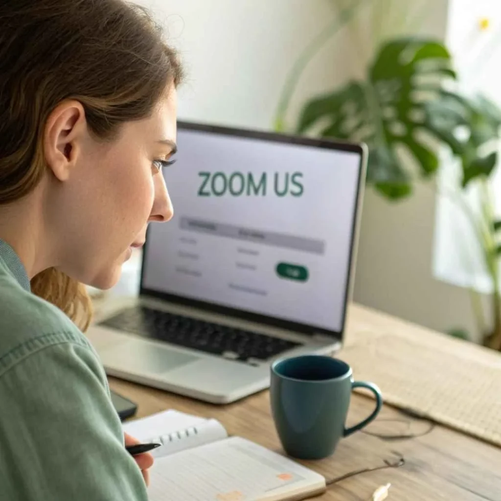 Woman verifying Zoom.us charge on her credit card statement using laptop at home