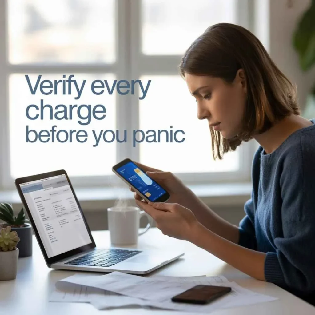 Woman verifying ZSK Zips charge on credit card using phone and laptop receipts.