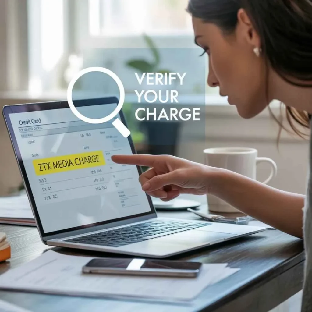 Close-up of laptop showing ZTX Media charge on credit card statement, symbolizing verification of online transactions.