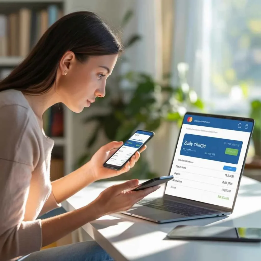 A salon owner making an online SalonCentric Credit Card payment using a laptop inside her beauty salon, representing digital bill payment.
