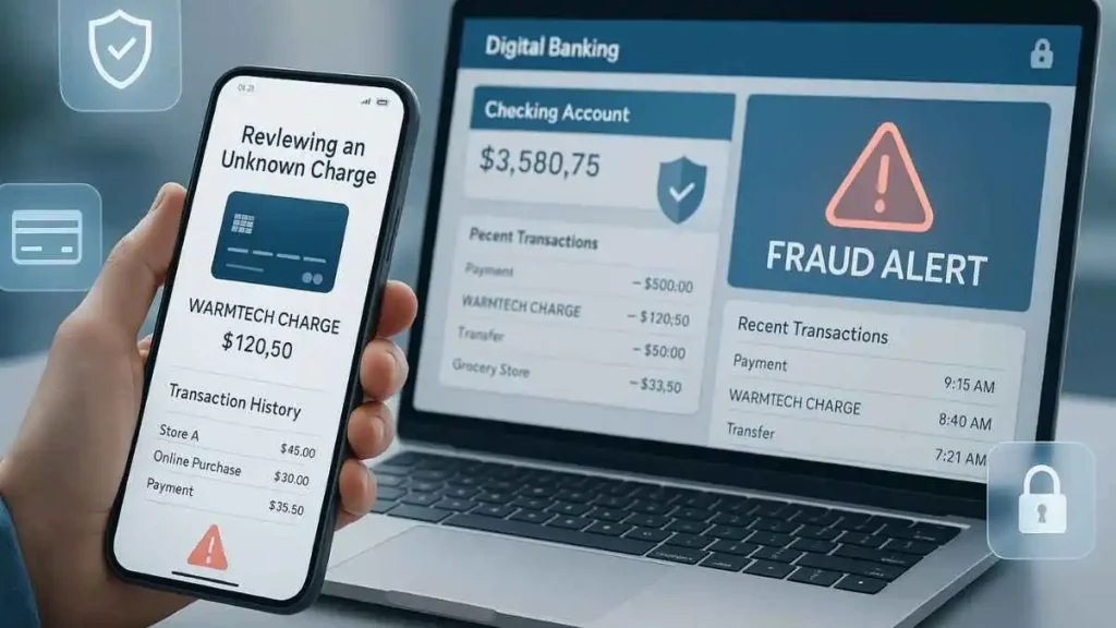 Warmtech charge on credit card shown on phone and laptop screen with digital banking alerts.