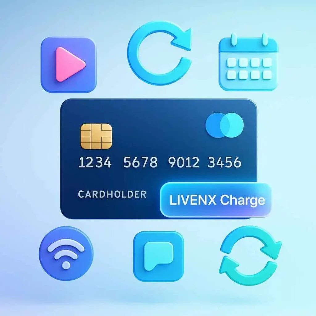 Illustration showing credit card subscriptions and LIVENX charge indicator