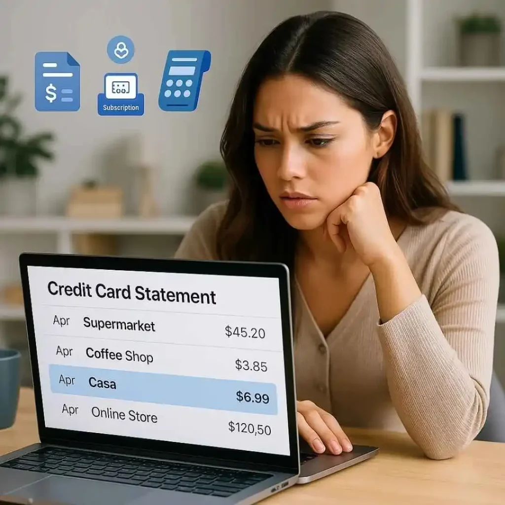 American man reviewing unexpected charges on his credit card statement including WICFT CASA