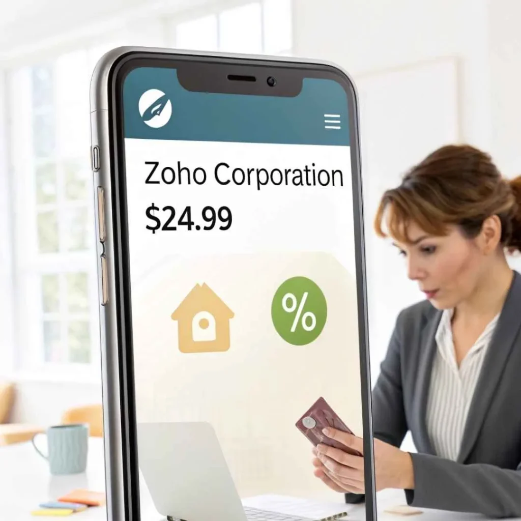 Woman checking Zoho Corporation charge on bank app and laptop