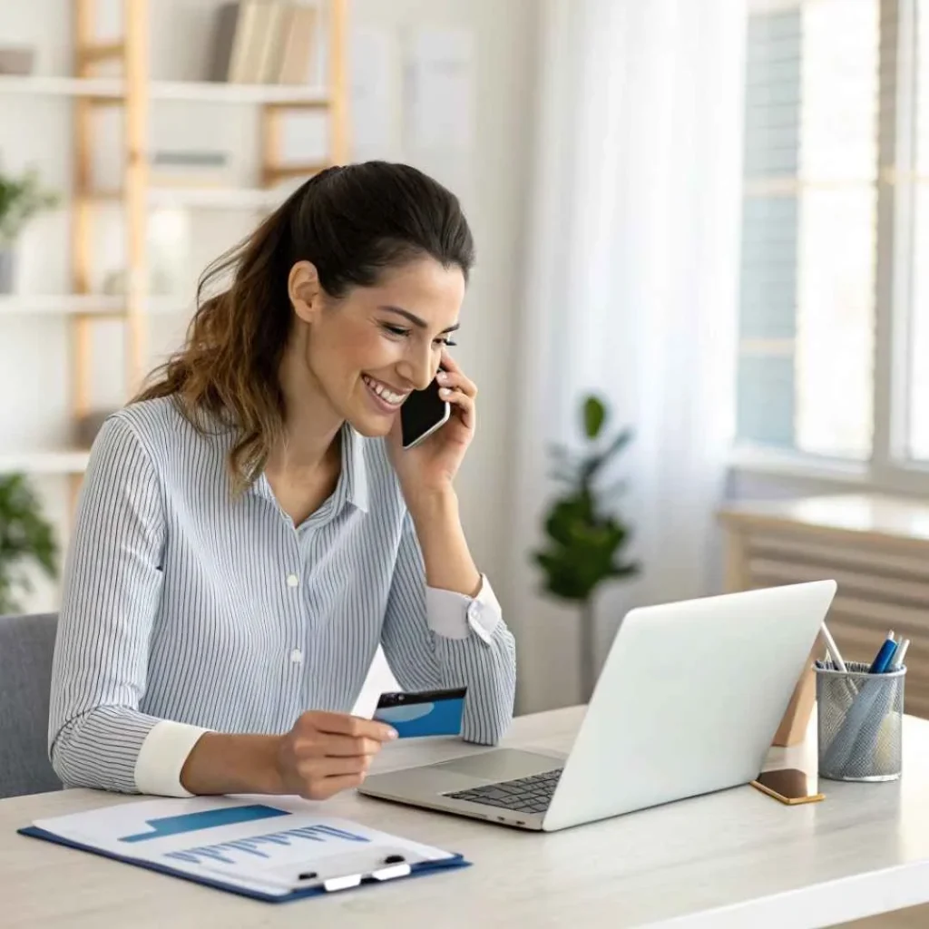 A woman calling her bank to resolve an AAPC Publishing credit card charge while holding her card and checking transactions on a laptop.