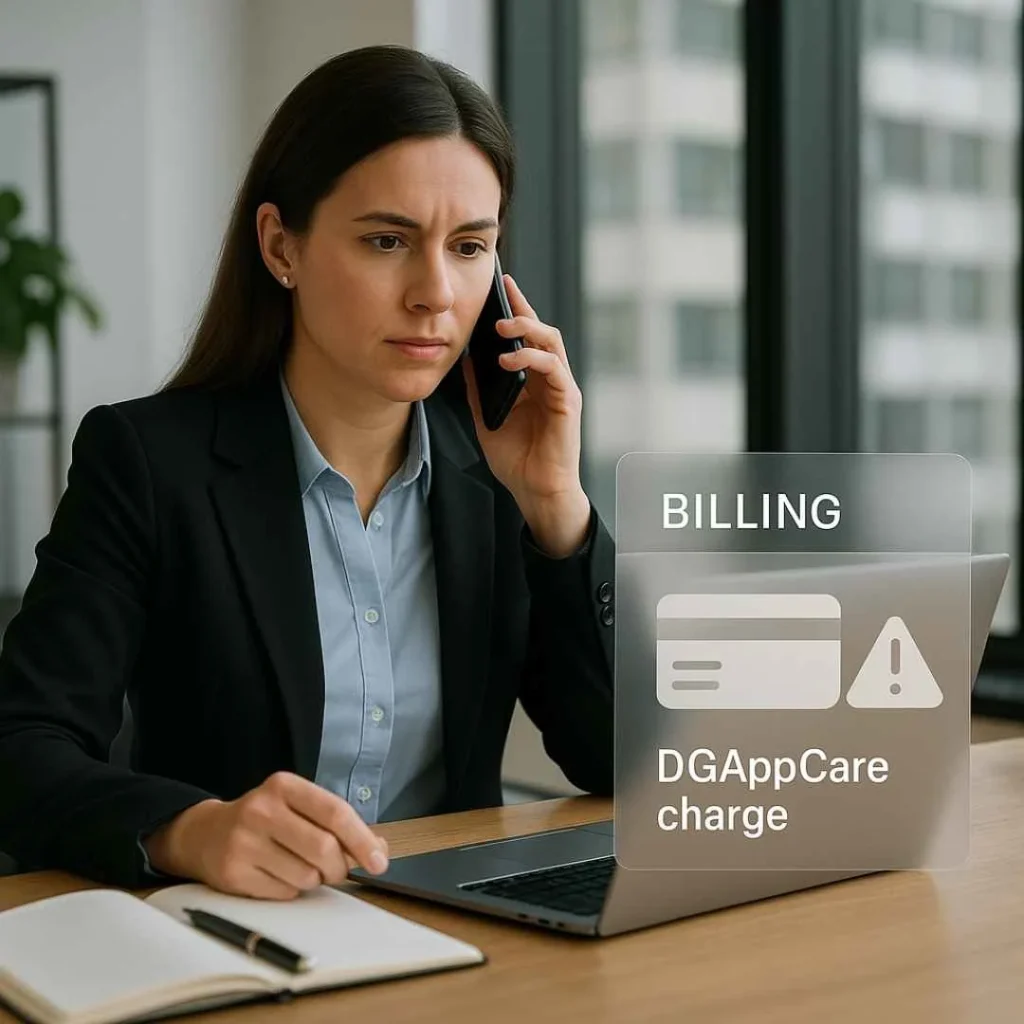 Woman calling customer support about an unexpected DGAppCare credit card charge.