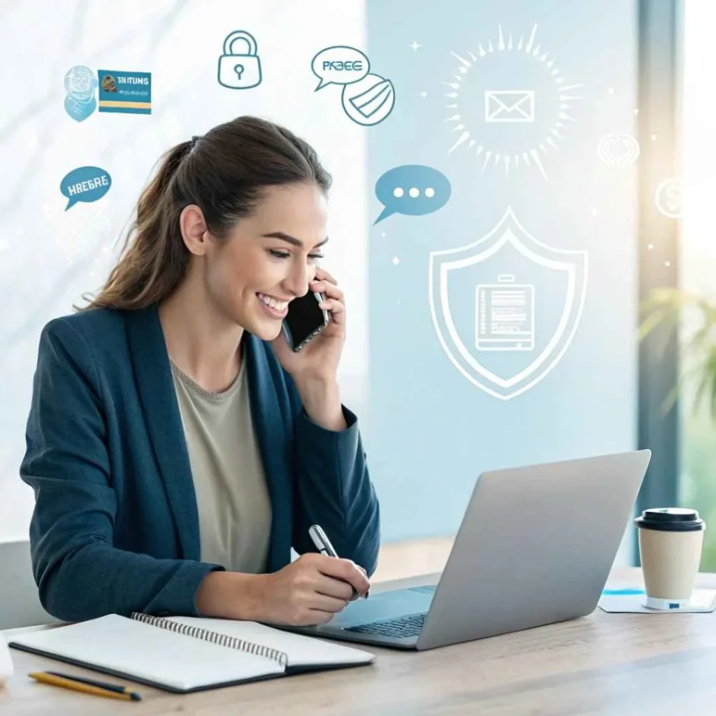 Woman calling bank to dispute a credit card charge with laptop and credit card on table.