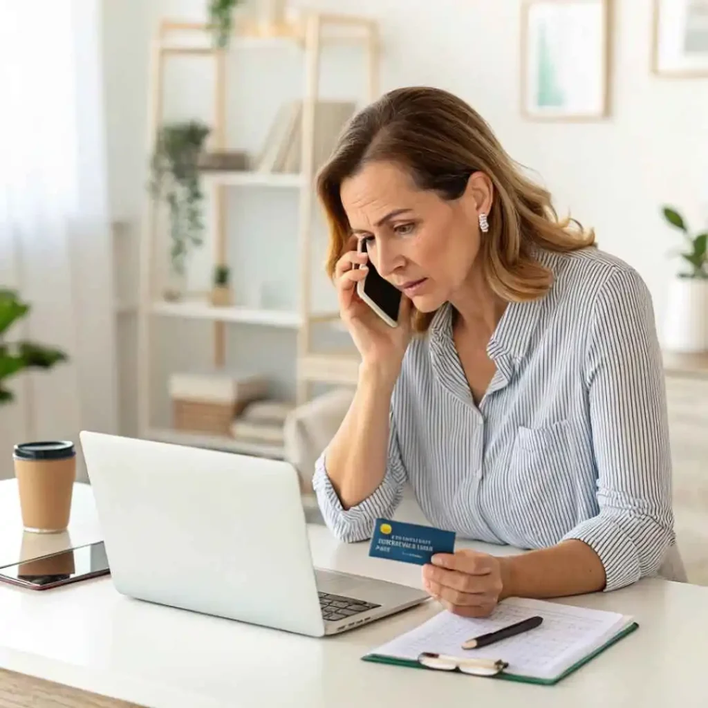 Woman calling her bank to report an unknown 12405 Powerscourt credit card charge