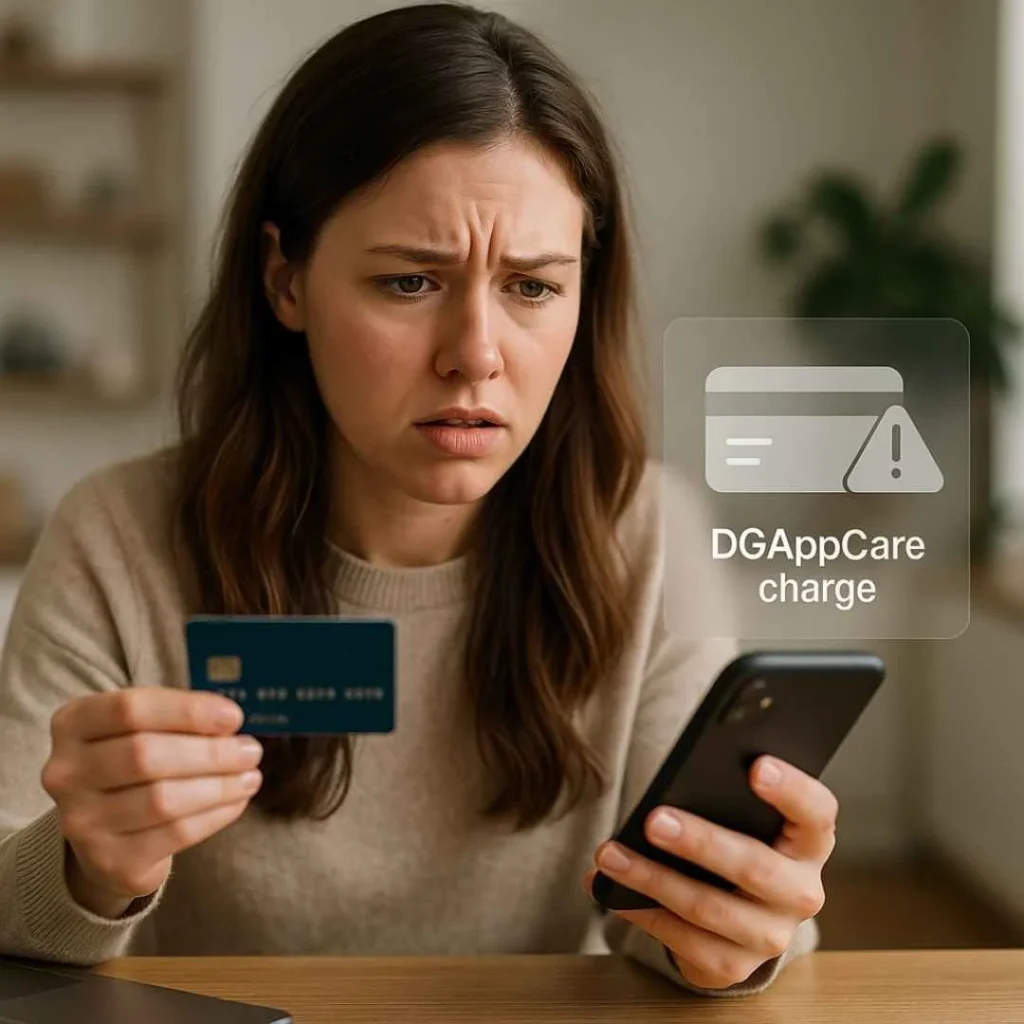 Young American woman confused while checking DGAppCare charge on her phone.