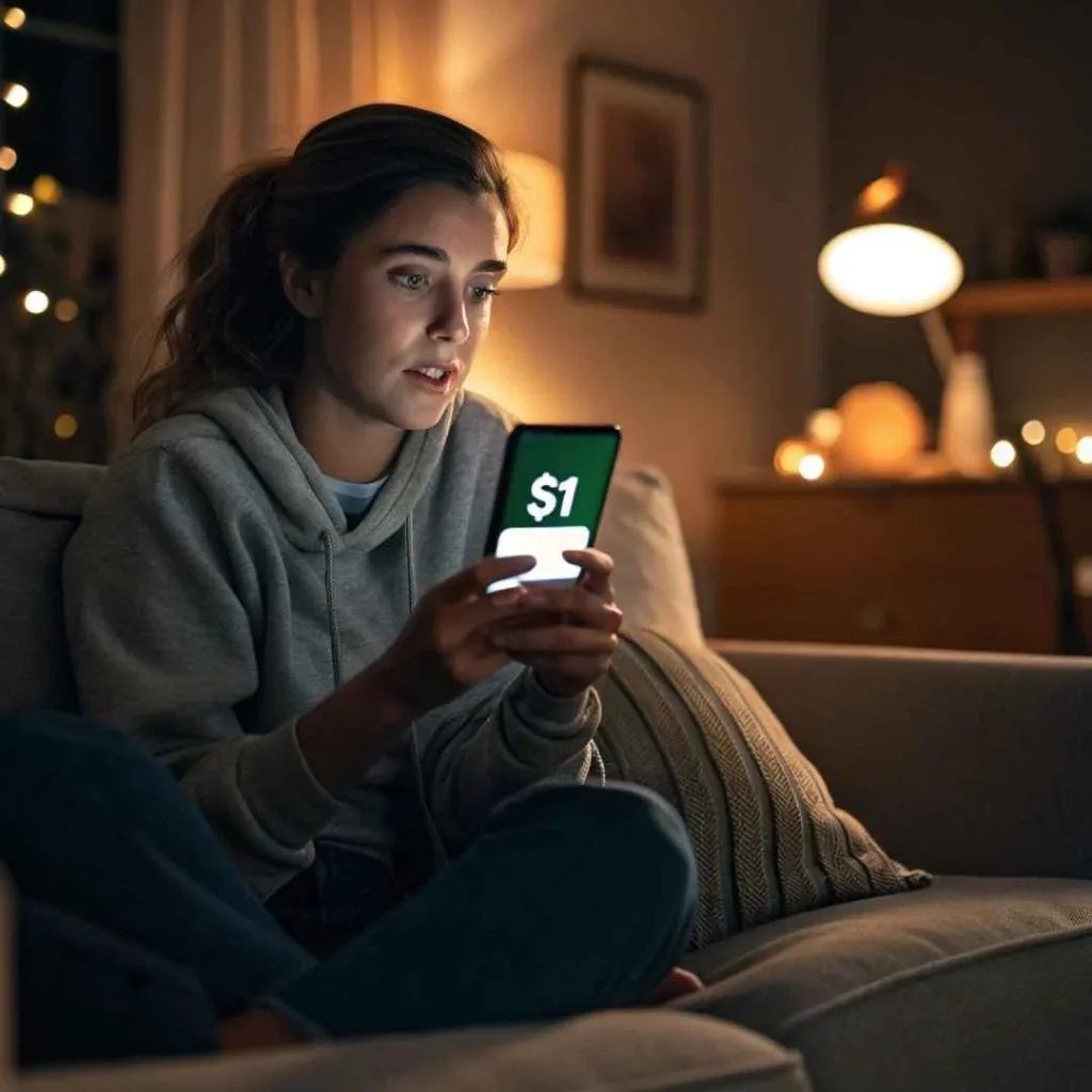 Concerned woman holding smartphone and reviewing suspicious $1 credit card charge — concept of checking for fraud or unauthorized transactions.