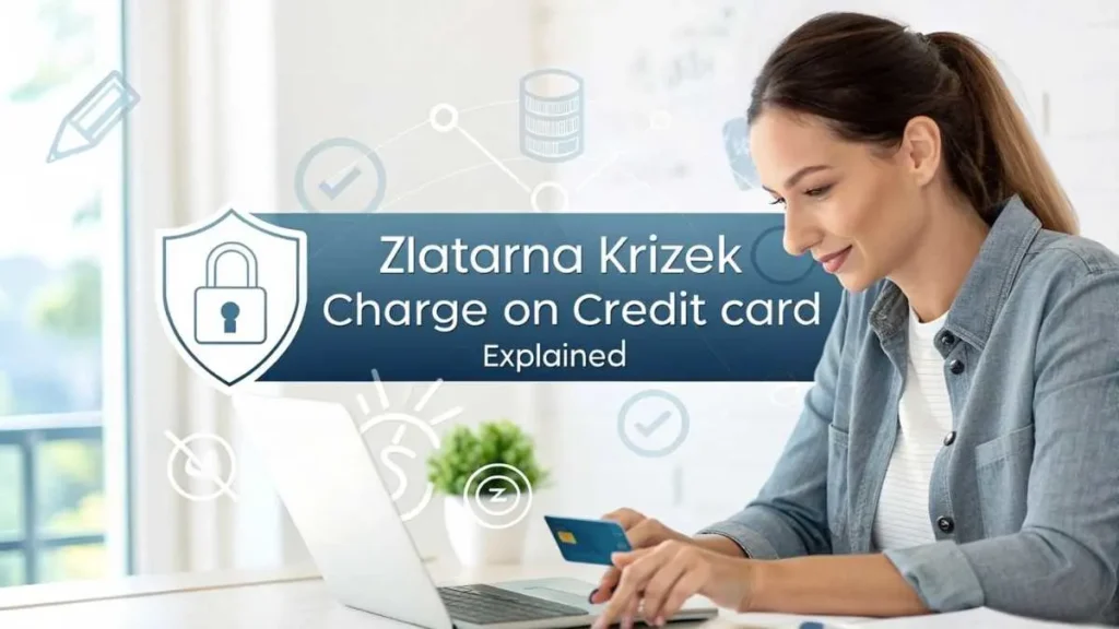 Confident woman checking credit card statement on laptop for Zlatarna Krizek charge explanation blog