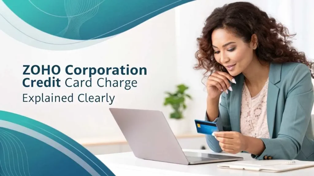 Woman checking Zoho Corporation credit card charge on laptop – personal finance concept