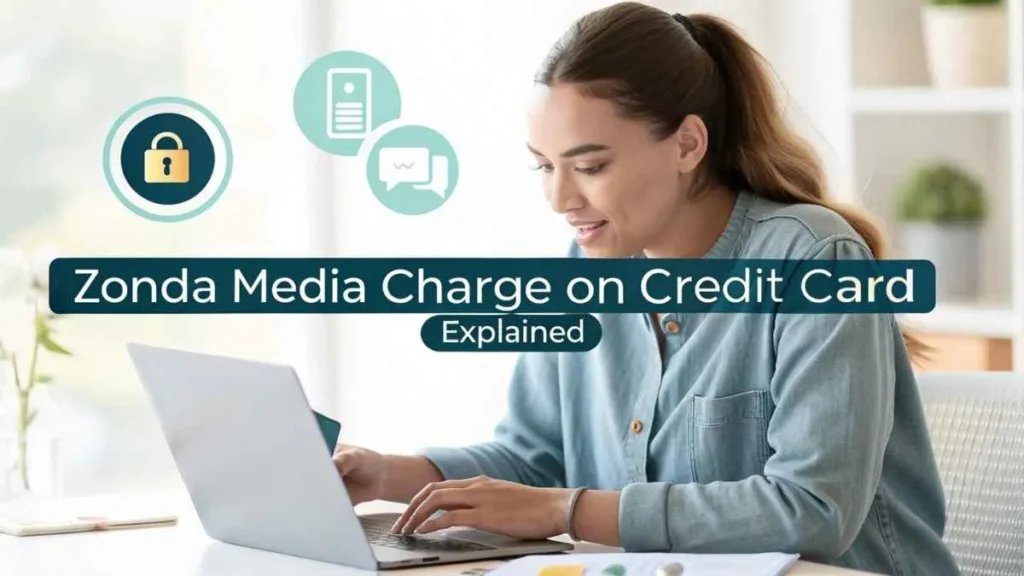 Young woman checking her credit card statement about Zonda Media charge with text graphics explaining dispute process
