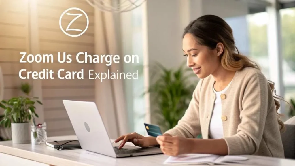Woman checking Zoom.us charge on credit card statement on laptop screen at home