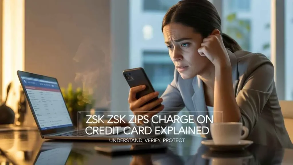 A young woman checking her credit card statement on a laptop with a confused expression, representing the ZSK ZSK Zips charge explanation.