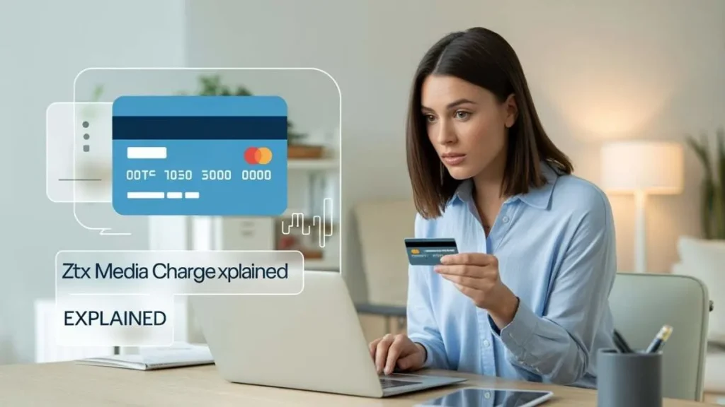 A woman reviewing ZTX Media charge on her credit card statement at home office, representing online payment verification and consumer protection.