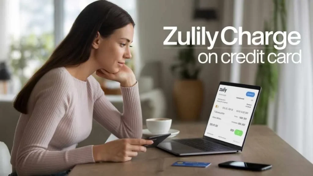 Young woman checking Zulily charge on her credit card statement on laptop at home office