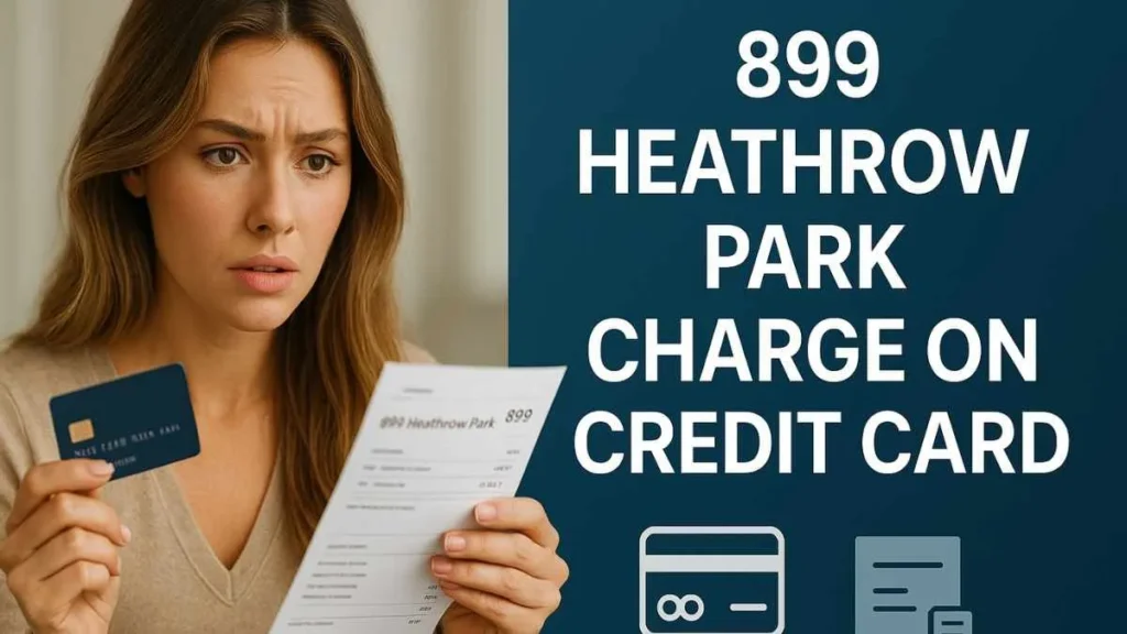Concerned woman reviewing bank statement showing an unfamiliar 899 Heathrow Park charge on her credit card, split-screen with fintech graphics.