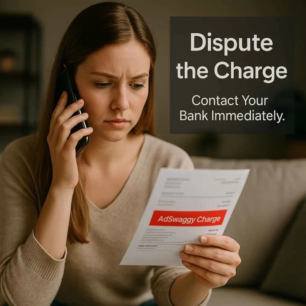 Young American woman calling her bank to dispute a suspicious AdSwaggy charge on her credit card statement