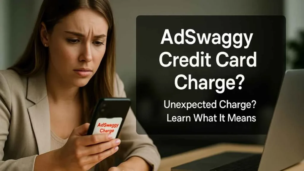 Worried young American woman looking at her phone showing an AdSwaggy Charge alert, with text box explaining the unexpected credit card charge.