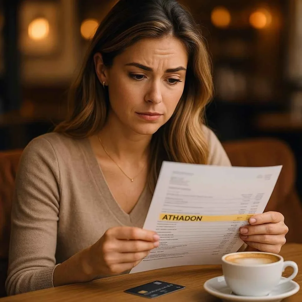 woman in a café reviewing a printed bank statement with the Athadon charge highlighted.