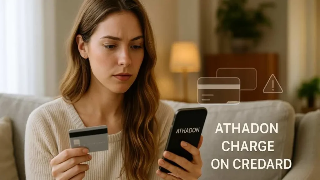 25-year-old woman reviewing her credit card and phone while checking a suspicious Athadon charge in a bright living room.
