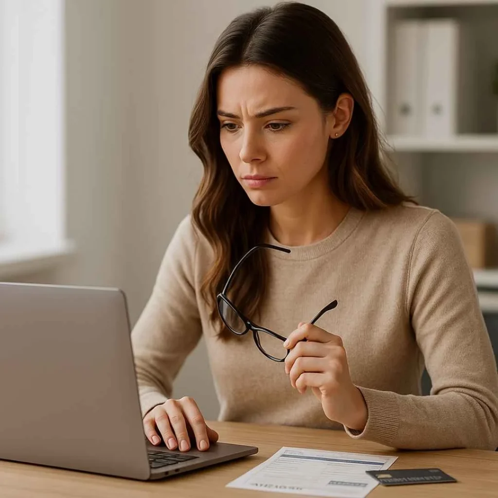 25-year-old woman reviewing a suspicious Athadon transaction on her laptop’s online banking dashboard at a modern office desk.
