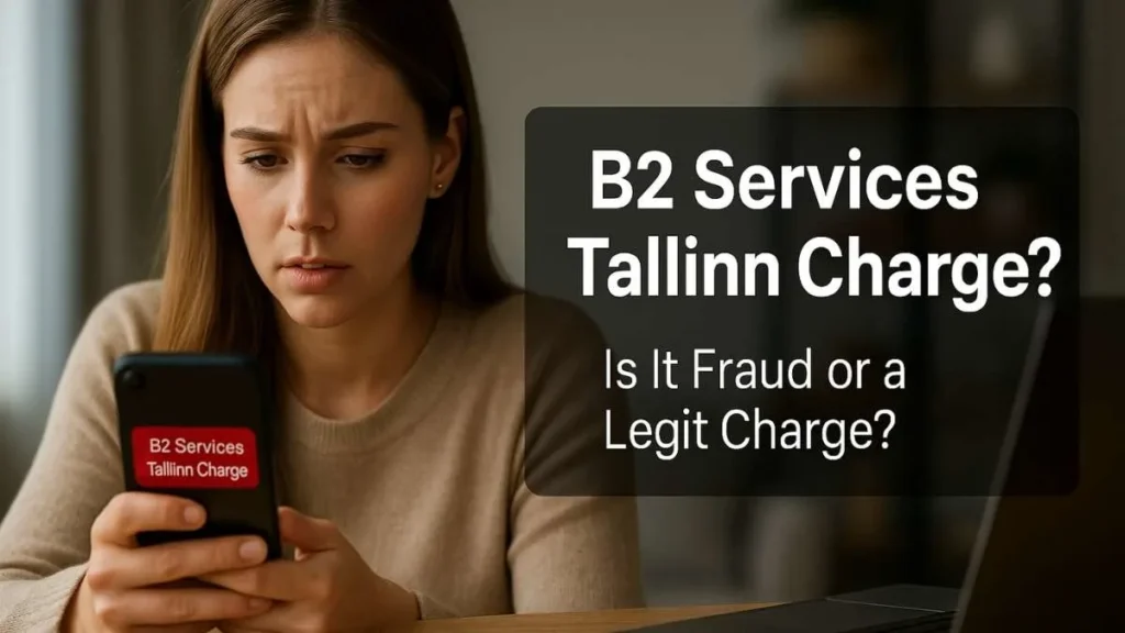 Worried American woman checking a suspicious B2 Services Tallinn charge on her credit card displayed on her smartphone at a home office desk.