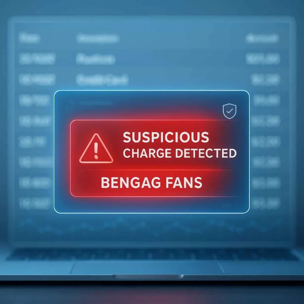 Fintech dashboard showing suspicious Bengag Fans charge alert with red warning popup on transaction screen.