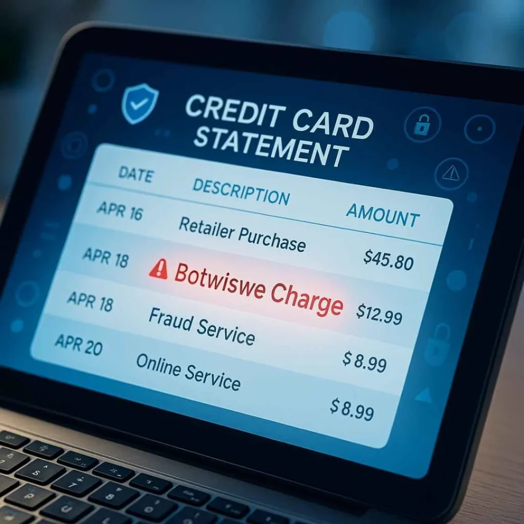 Close-up of a U.S. credit card statement showing a suspicious Botwiswe charge highlighted in red.