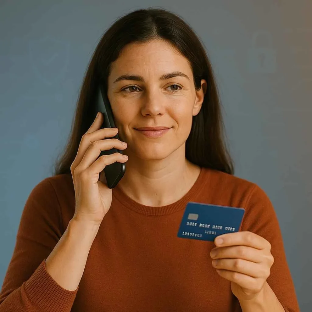 American woman calling her bank to dispute an unauthorized credit card charge